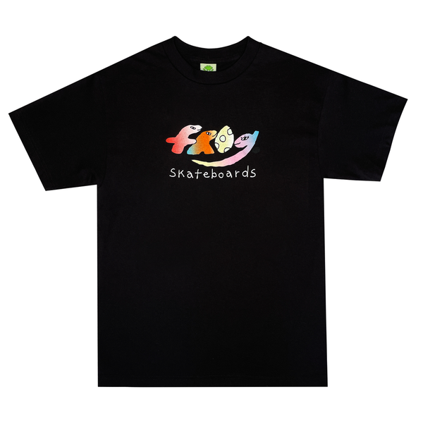 Black FROG DINO TEE with a colorful, playful "Frog Skateboards" graphic on the front.