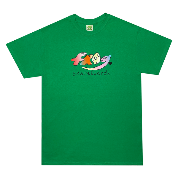 FROG DINO TEE KELLY GREEN by FROG features a playful cartoon design of the word "Fro!" in various colors and styles, with the word "Skateboards" underneath.