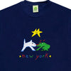 Product Name: FROG NEW YORK LONG SLEEVE NAVY
Brand Name: FROG

Sentence:
The FROG NEW YORK LONG SLEEVE NAVY by FROG features a bright and playful design: a white dog and a green frog facing each other under a yellow star, with "FROG NEW YORK" written in colorful letters below.