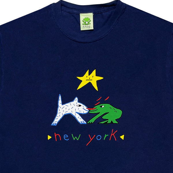 Product Name: FROG NEW YORK LONG SLEEVE NAVY
Brand Name: FROG

Sentence:
The FROG NEW YORK LONG SLEEVE NAVY by FROG features a bright and playful design: a white dog and a green frog facing each other under a yellow star, with "FROG NEW YORK" written in colorful letters below.