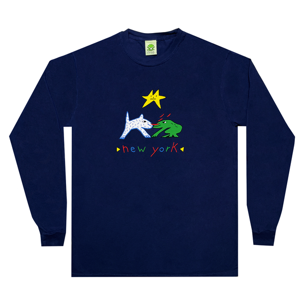 The FROG NEW YORK LONG SLEEVE NAVY by FROG is a navy blue long-sleeve shirt that features a colorful illustration of a star, a dog, a rabbit, and a frog with the text "NEW YORK" below.