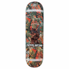 A camouflage and orange skateboard graphic with a statue of a boy.