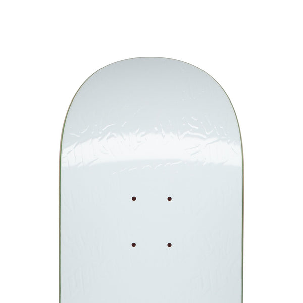 A close up of a white skateboard deck with the embossed text FUCKING AWESOME.