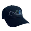 A FROG black hat with a blue and green logo on it, featuring the Lazy Star Frog.