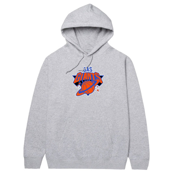 The GAS GIANTS GASKETBALL HOODIE GREY is a gray hoodie with a front pocket, featuring a colorful "Gas Giants" logo alongside a stylized planet and stars graphic, perfect for any GASKETBALL fan.