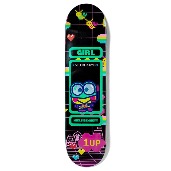 The GIRL BENNETT SANRIO KAWAII ARCADE skateboard deck by GIRL features a kawaii cartoon character, pixel icons, and the words "GIRL," "SELECT PLAYER," and "NIELS BENNETT" in an 8-bit video game theme.