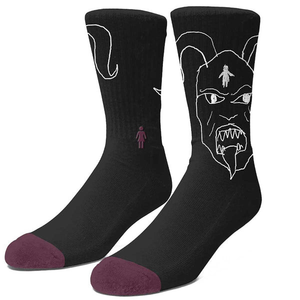 A pair of Crailtap GIRL GEERING ONE OFF DEVIL OG SOCKS with a design featuring an illustrated growling dog's face and a small girl figure.