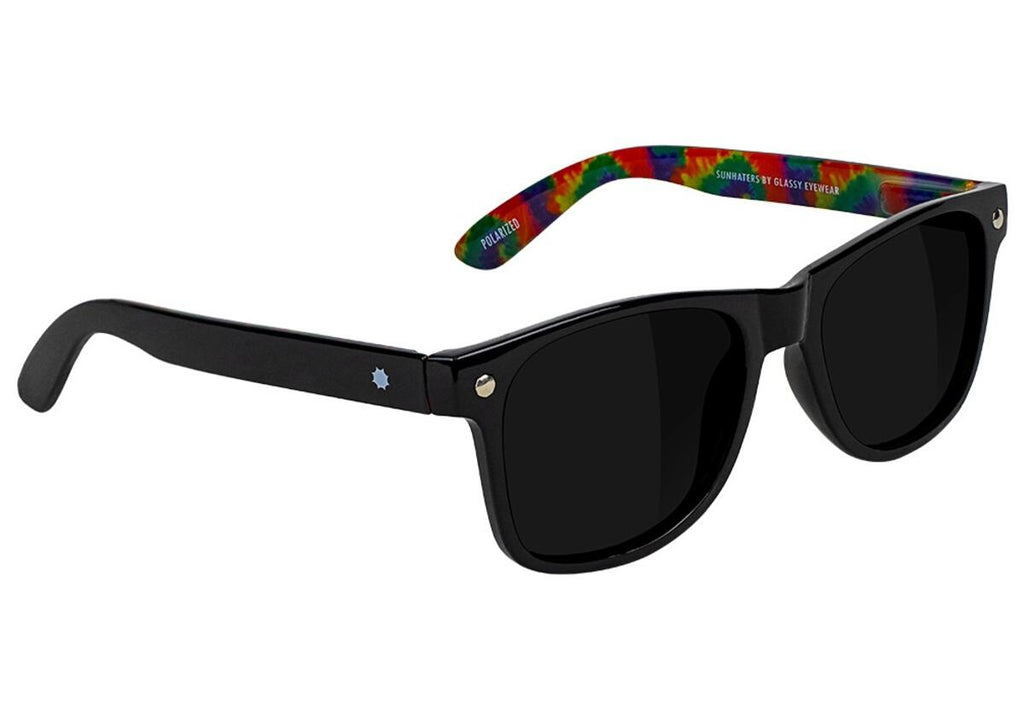 A pair of GLASSY sunglasses in the LEONARD POLARIZED BLACK/TIE-DYE pattern.
