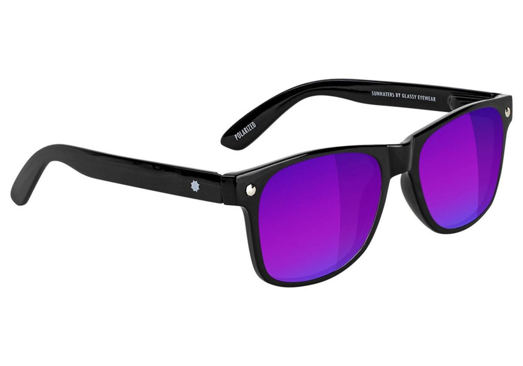 A pair of GLASSY SUNHATERS LEONARD POLARIZED BLACK/BLUE MIRROR sunglasses.