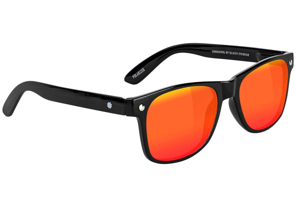 A pair of GLASSY SUNHATERS LEONARD POLARIZED BLACK/RED MIRROR sunglasses.