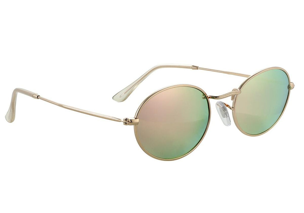 A pair of GLASSY SUNHATERS CAMPBELL POLARIZED GOLD/PINK MIRROR sunglasses on a white background.
