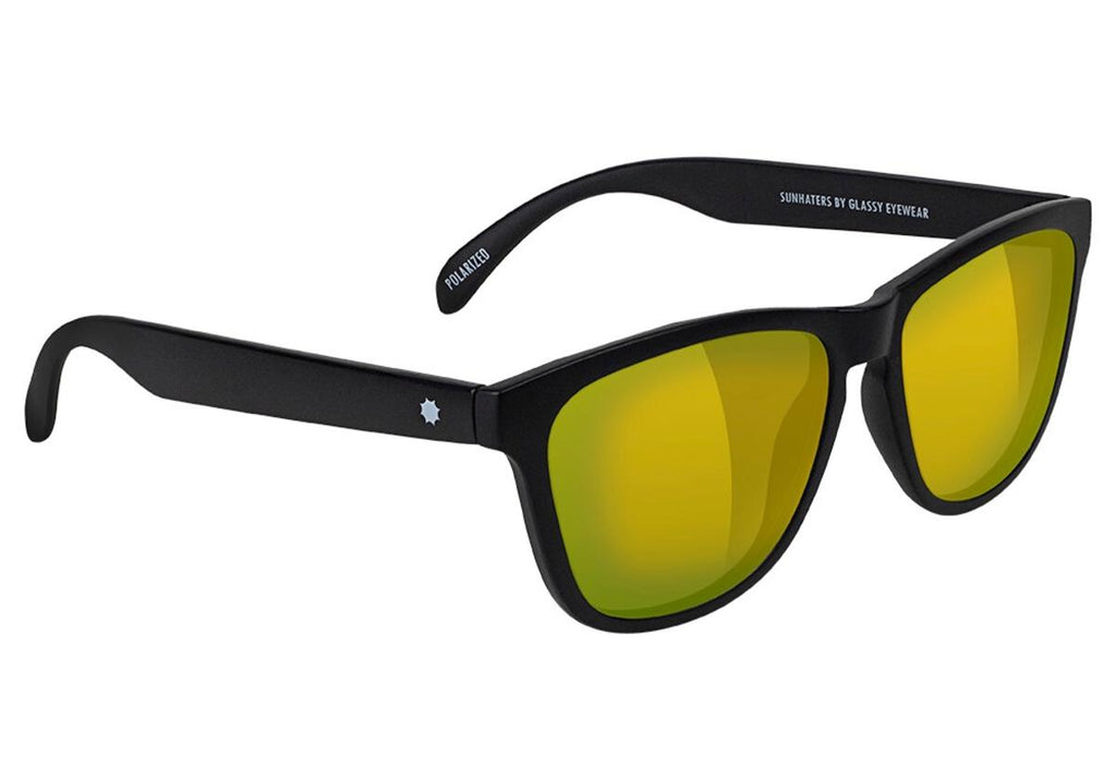 A pair of GLASSY DERIC POLARIZED MATTE BLACK/GOLD MIRROR sunglasses.