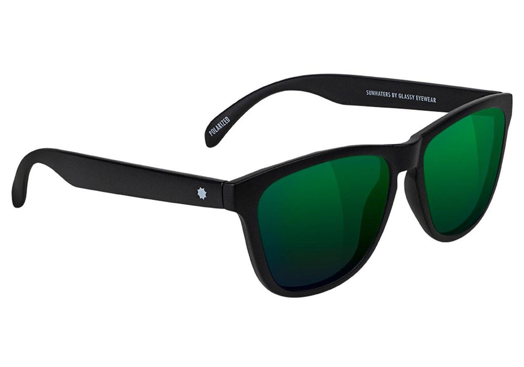 A pair of Glassy Deric Polarized Matte Black/Green Mirror sunglasses on a white background.