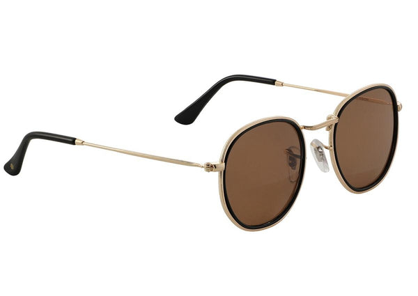 A pair of GLASSY SUNHATERS HUDSON POLARIZED sunglasses from GLASSY, featuring round brown polarized lenses, thin gold metal frames, black temple tips, and adjustable nose pads.