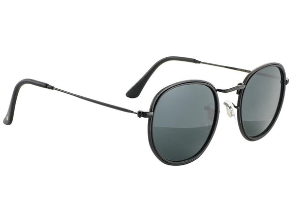 A pair of matte black-framed, round sunglasses with dark tinted lenses, featuring adjustable nose pads and thin arms, embodying the sleek style of GLASSY SUNHATERS HUDSON POLARIZED technology.