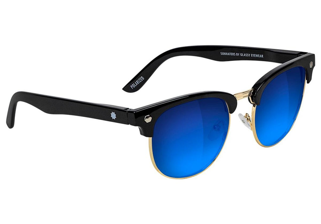 A pair of GLASSY SUNHATERS MORRISON POLARIZED BLACK/BLUE MIRROR sunglasses.