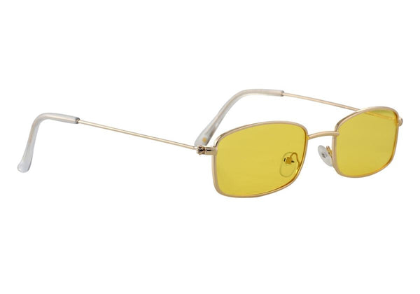 GLASSY SUNHATERS RAE POLARIZED GOLD/YELLOW rectangular sunglasses with thin gold frames and yellow-tinted lenses, offering optimal clarity, isolated on a white background.