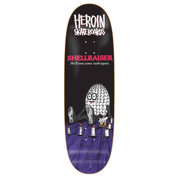 The HEROIN SHELLRAISER skateboard deck by BAKER features a black background with the words "Heroin Skateboards" and "Shellraiser," alongside a graphic of a menacing creature breaking open skateboards. Text reads, "He'll tear your curb apart." Built from North American Hard Rock Maple for enhanced durability.