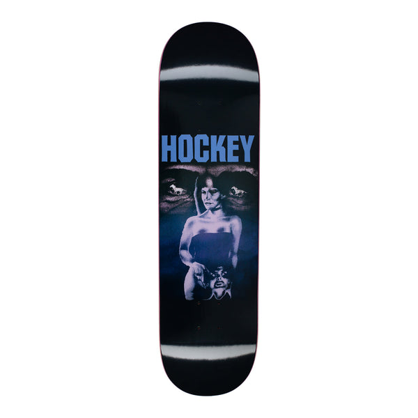The HOCKEY ALLEN HP SYNTHETIC by HOCKEY (8.5" x 31.91") is a synthetic skateboard deck featuring "HOCKEY" in blue over a collage with a woman's figure, a man's face, and eyes in the background.