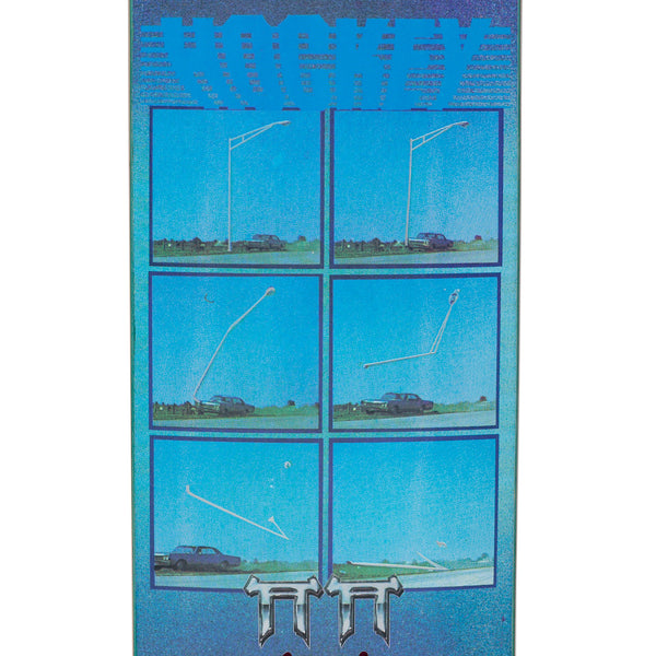 A close up of a blue skateboard with windows on it.