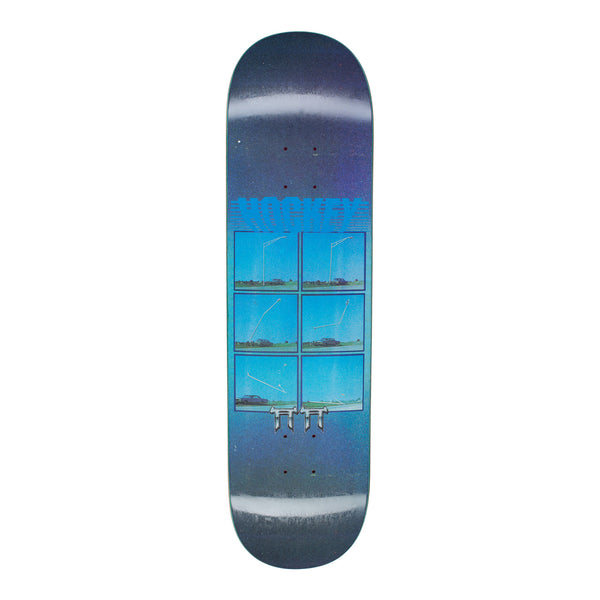 a HOCKEY skateboard with a picture of a window on it.