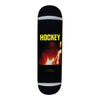 A skateboard with a face and fire image. 