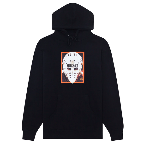 A Hockey War on Ice Hoodie Black with a picture of a person wearing a mask.