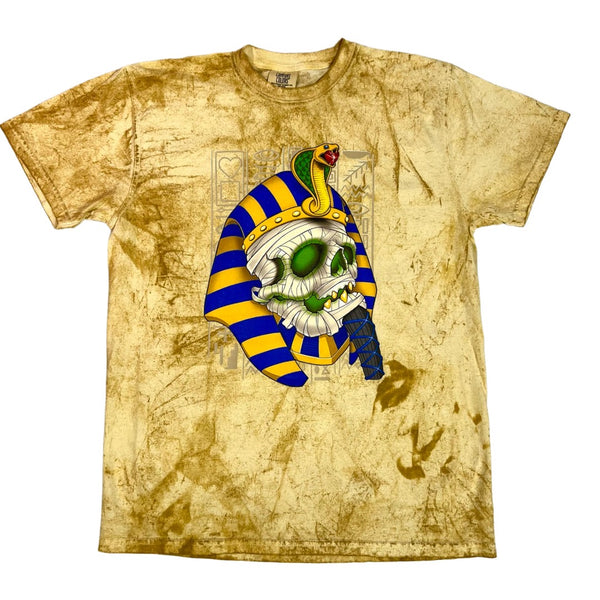A BLUETILE PHARAOH MUMMY PAPYRUS t-shirt with a unique color blast of an Egyptian skull on it by Bluetile Skateboards.