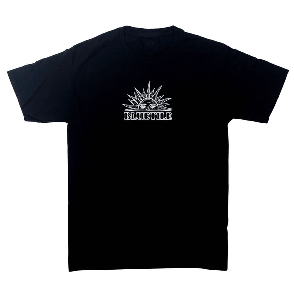 A Bluetile Skateboards black t-shirt with a white sun on it.