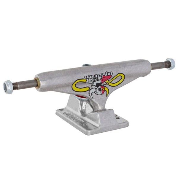 A silver skateboard INDEPENDENT 139 STAGE 11 TOY MACHINE truck with a skull on it made by Independent.