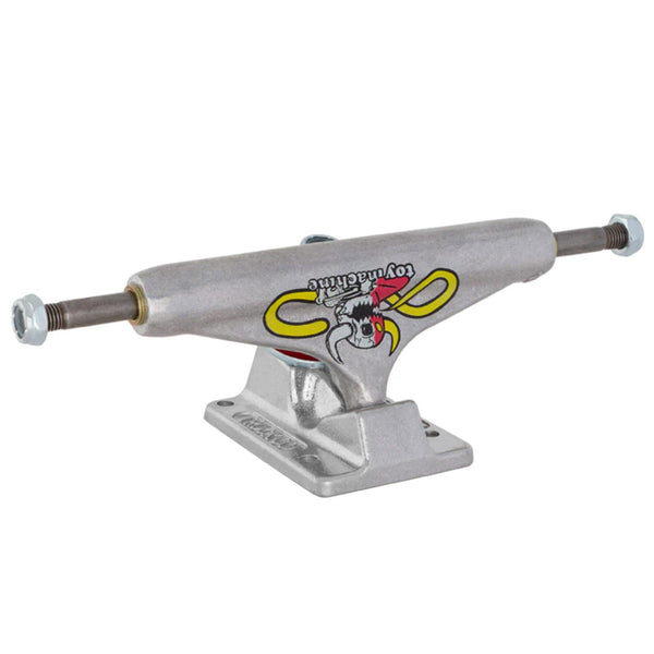 A silver skateboard truck with an Independent logo and a skull design on it, INDEPENDENT 159 STAGE 11 TOY MACHINE TRUCKS (SET OF TWO).