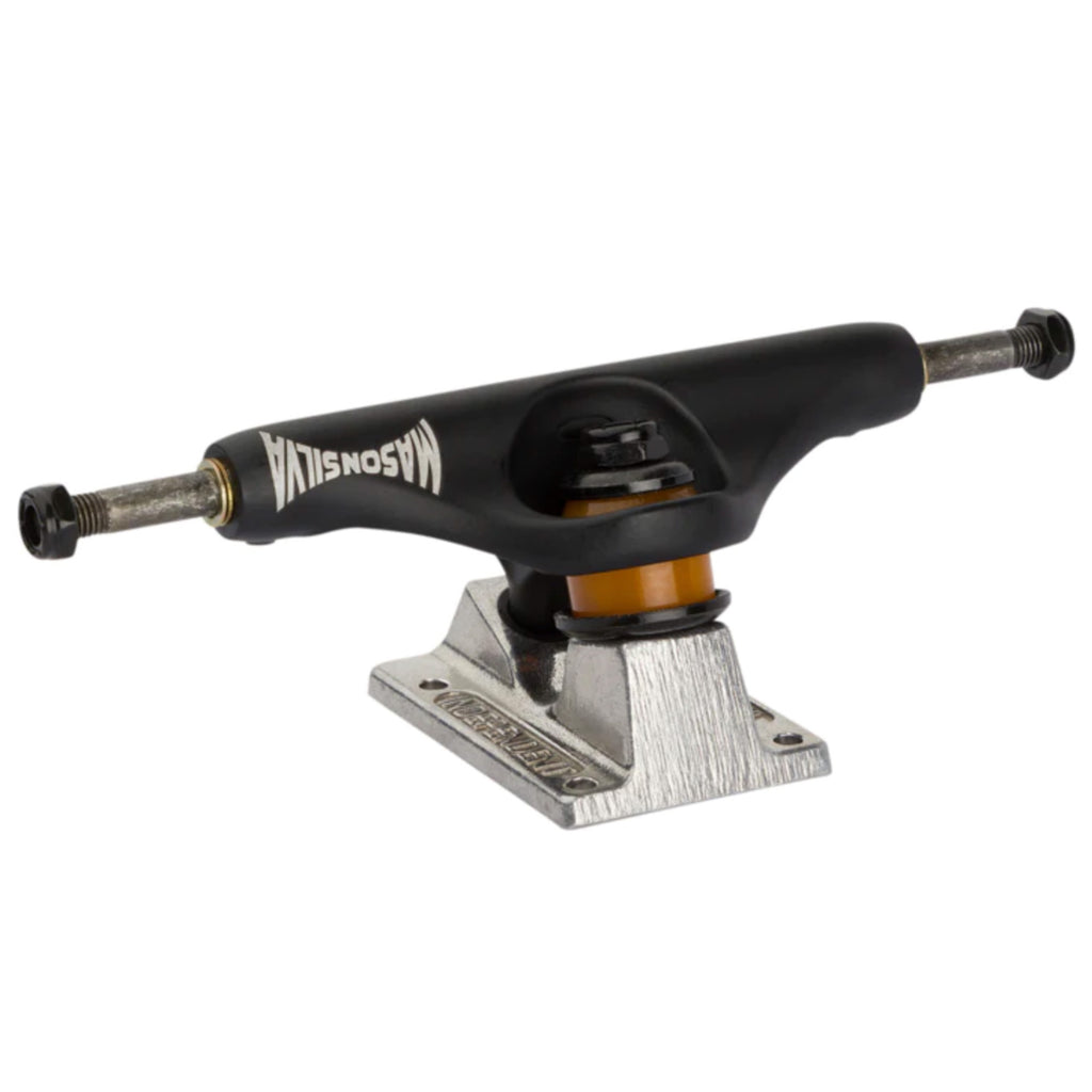An INDEPENDENT 144 STAGE 11 PRO SILVA BLACK/SILVER TRUCKS (SET OF TWO), featuring a black and orange design, showcased against a white background.