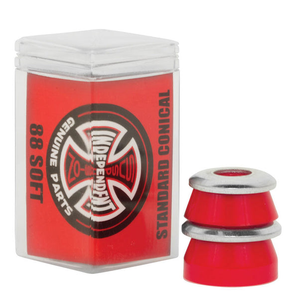 A pair of INDEPENDENT 88A SOFT BUSHINGS RED in a box, perfect for Independent trucks.