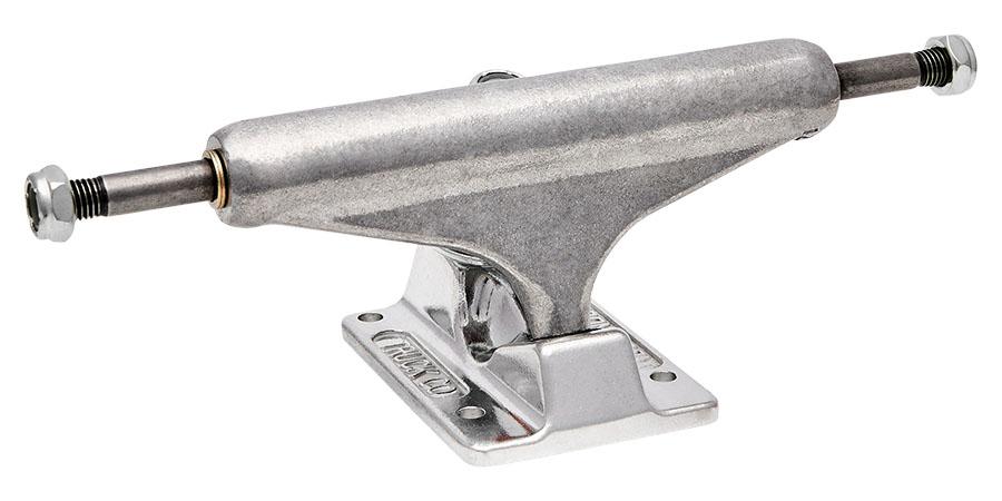 A silver INDEPENDENT FORGED HOLLOW skateboard truck on a white background.