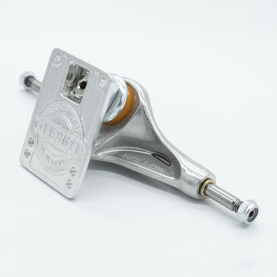A silver skateboard with INDEPENDENT FORGED HOLLOW STD 159 TRUCKS (SET OF TWO) trucks.