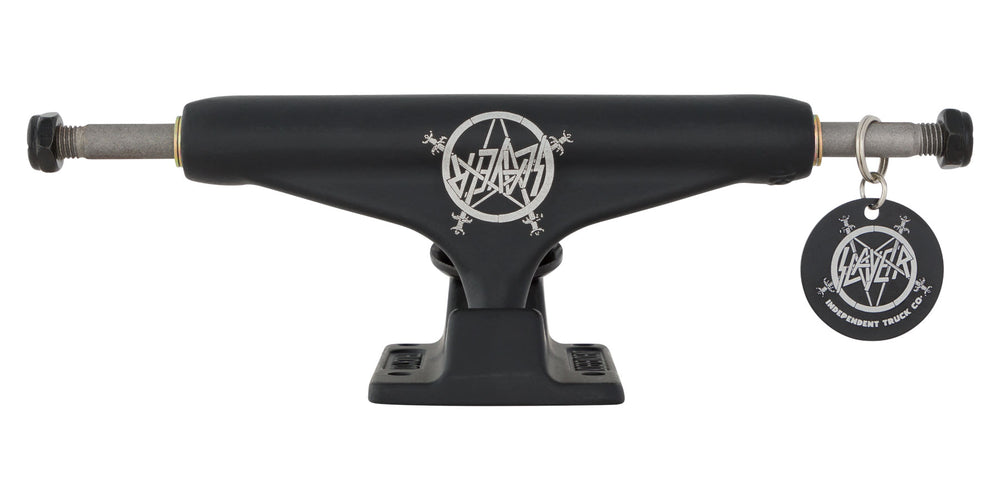 A black skateboard truck with an INDEPENDENT X SLAYER 144 FORGED HOLLOW BLACK (SET OF TWO) logo on it.
