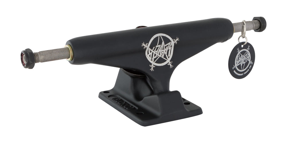 A black skateboard truck with the INDEPENDENT X SLAYER 144 FORGED HOLLOW BLACK (SET OF TWO) logo on it.