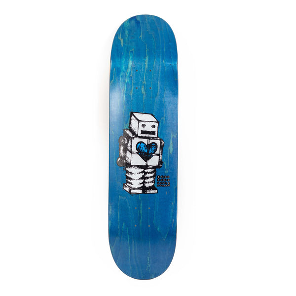 A BLUETILE 21 YEAR ROBOT REISSUE skateboard with a Bluetile Skateboards astronaut on it.