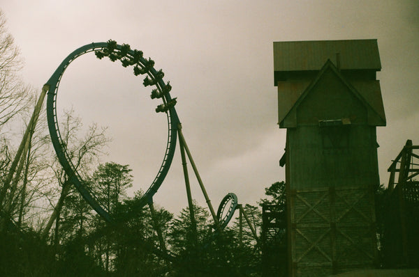 Bluetile Skateboards' "In The Loop" by Chris Cryer captures a thrilling roller coaster journey through the serene woods beneath a cloudy sky in a stunning photo print.