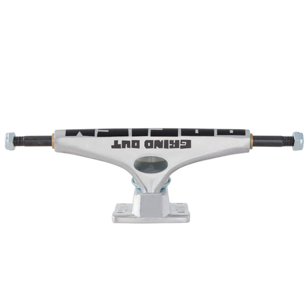 A KRUX K5 GRIND OUT RACISM DLK 8.25 STANDARD skateboard truck with the word "end m" and the keyword "Grind out Racism" on it.