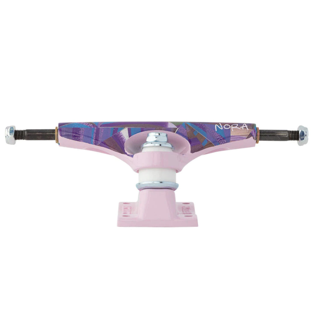 A pink skateboard truck with a KRUX K5 NORA STANDARD 8.5 TRIANGLE (SET OF TWO) design on a white background.