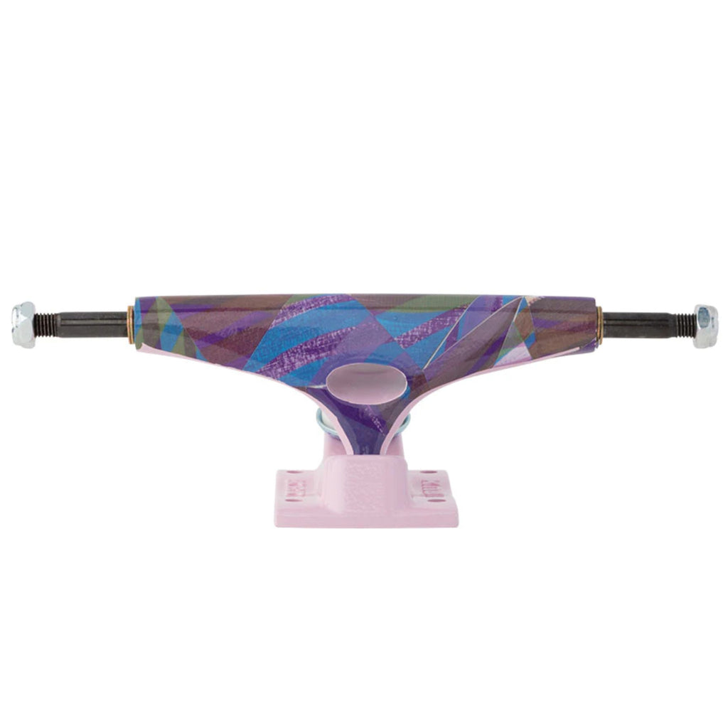 A KRUX skateboard truck with a purple and blue design from the KRUX K5 NORA STANDARD 8.5 TRIANGLE (SET OF TWO).