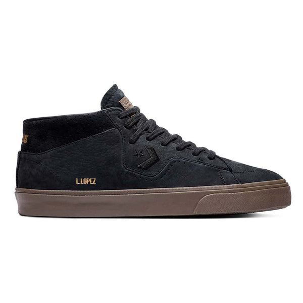 A black suede CONVERSE LOUIE LOPEZ PRO MID shoe with a gum sole.