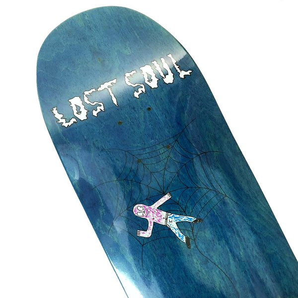 Green skateboard deck from Lost Soul Skateboards featuring the text "LOST SOUL SPIDER POOL SHAPE" in white, stylized block letters near the middle.