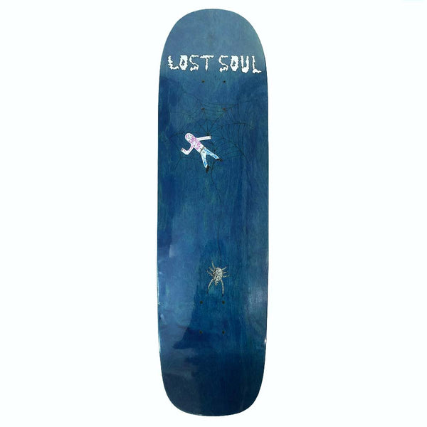 Green skateboard deck from Lost Soul Skateboards featuring the text "LOST SOUL SPIDER POOL SHAPE" in white, stylized block letters near the middle.