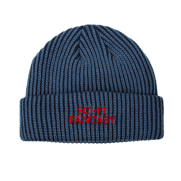 A slate blue and dark blue logo beanie from SCI-FI FANTASY with "SCI-FI FANTASY" embroidered in red text on the front.