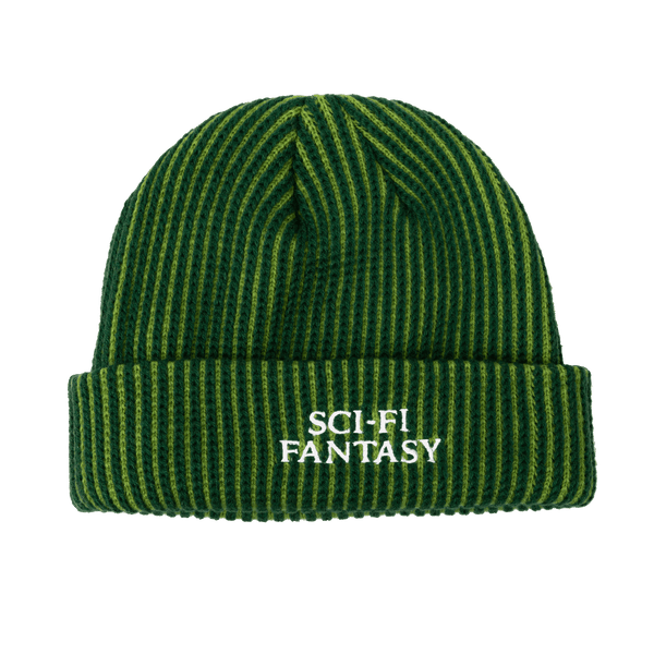 The SCI-FI FANTASY LOGO BEANIE in lime and dark green features yellow vertical stripes and "SCI-FI FANTASY" beautifully embroidered on the front. This stylish beanie is perfect for fans of the brand, adding a touch of fantasy flair to your winter wardrobe.