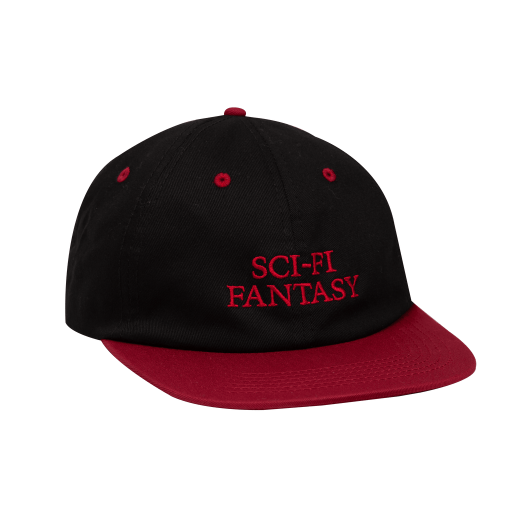 The SCI-FI FANTASY LOGO HAT BLACK / RED is a sleek black and red baseball cap featuring the "SCI-FI FANTASY" text elegantly embroidered in red on the front, making it an eye-catching accessory for any fan.