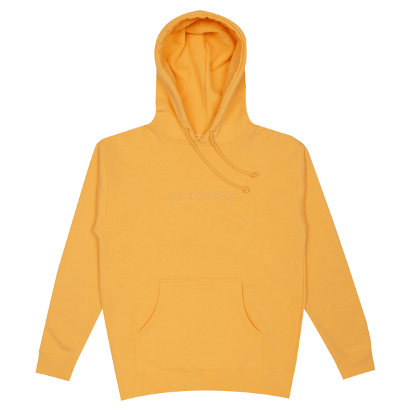 The SCI-FI FANTASY LOGO HOODIE PEACH by SCI-FI FANTASY is a unique hoodie in a yellow shade. It features a front pocket, drawstrings, and "SELF-ACTUALIZATION" printed on the chest, adding a touch of sci-fi flair to this standout piece.