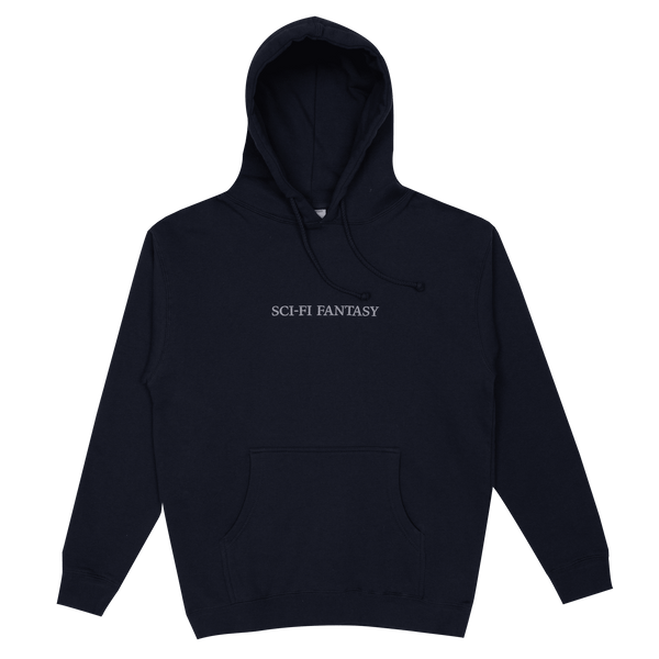 The SCI-FI FANTASY LOGO HOODIE NAVY by SCI-FI FANTASY features a front pocket and drawstring hood, with "SCI-FI FANTASY" boldly printed in white capital letters on the chest, offering a perfect blend of comfort and imagination.
